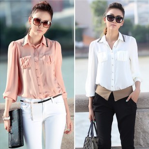 Women's ladies' Fashion Long Sleeve Slim Chiffon Blouse Button Shoulder Padded  Sequins OL Shirt Tops 2 Colors free shipping