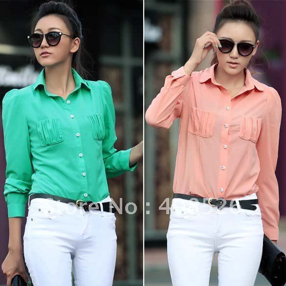 Women's  ladies' Fashion Long Sleeve Slim Chiffon Blouse Button Shoulder Padded Shirt Tops 2 Colors free shipping 7503