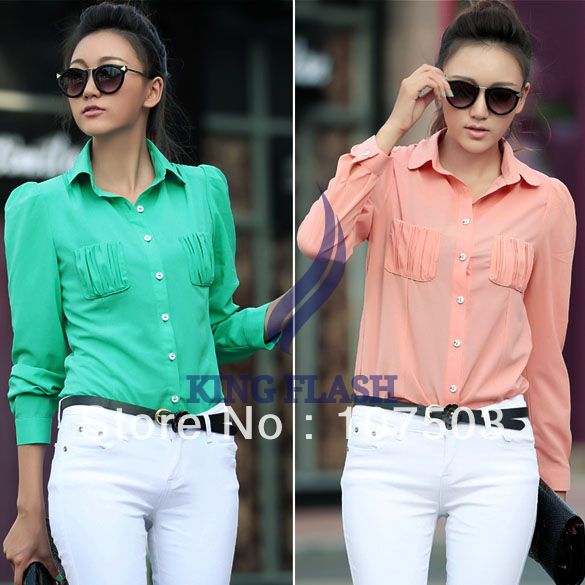 Women's ladies' Fashion Long Sleeve Slim Chiffon Blouse Button Shoulder Padded Shirt Tops 2 Colors free shipping 7503