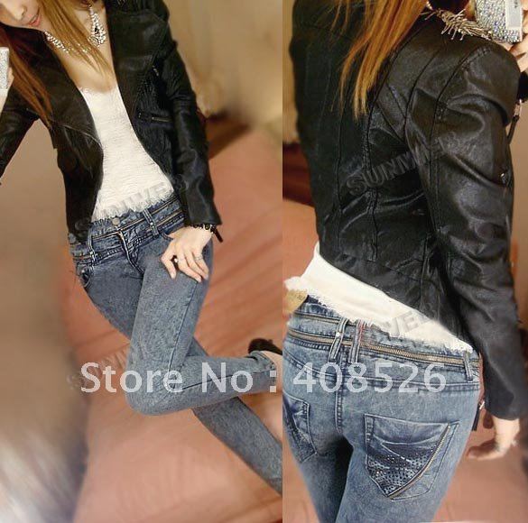 Women's Ladies Fashion tassel Long Sleeve Slim PU Leather Jacket short Coat Outerwear Black free shipping 6313