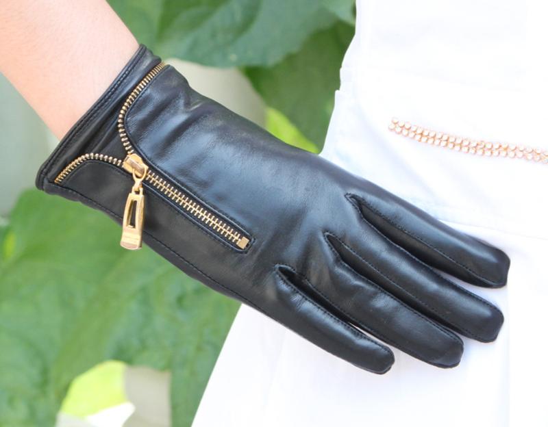 Women's lambdoid gold zipper genuine leather gloves female thermal sheepskin gloves genuine leather black gloves