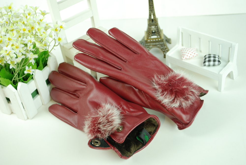 women's leather gloves, red, genuine leather, cotton inside design, free shipping