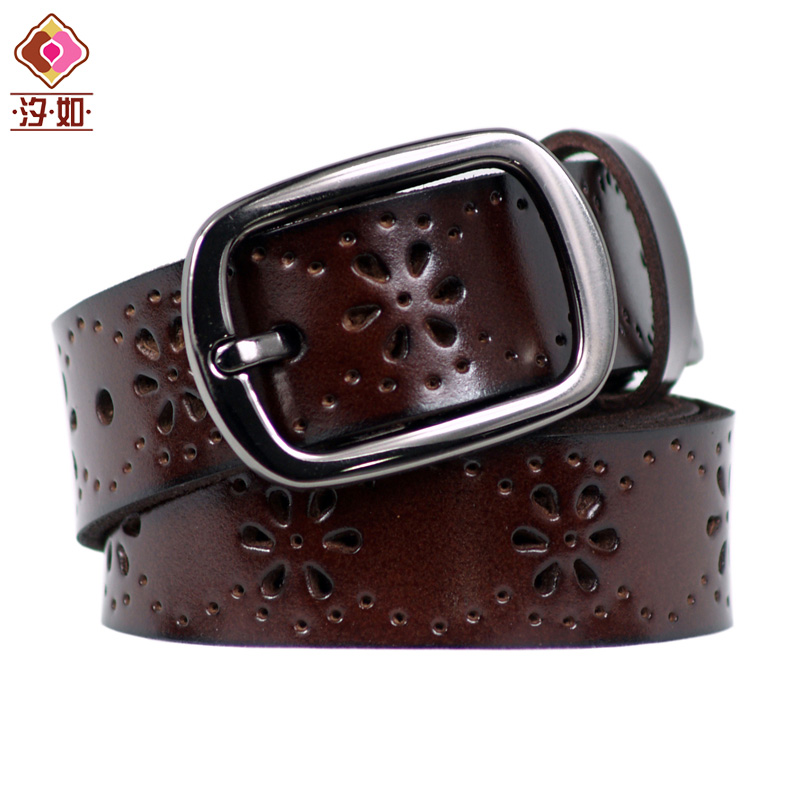 Women's leather strap fashion genuine leather vintage cutout flower casual pants belt black