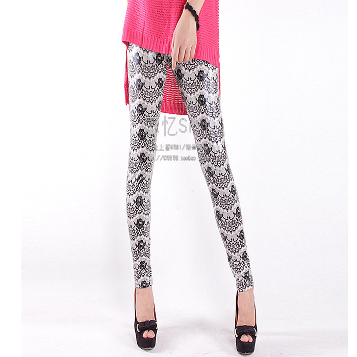 Women's legging autumn black and white lace leather plus size ankle length trousers lengthen pants