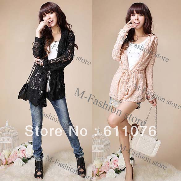 Women's Leisure Lace Long Sleeve Tie Decorated Mid-length Hood Coat Top Blouse free shipping7962