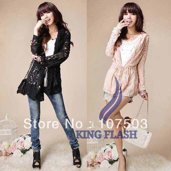 Women's Leisure Lace Long Sleeve Tie Decorated Mid-length Hood Coat Top Blouse free shipping7962