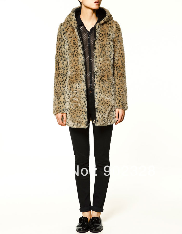 Women's Leopard Outcoat, Faux fur, Full-zip Jacket with Hood, Free Shipping