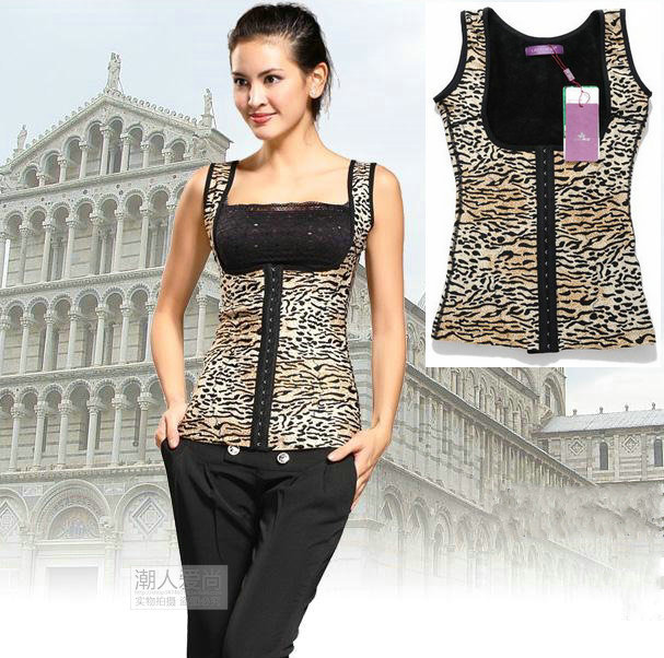 Women's leopard print thermal vest underwear adjust plus velvet thickening beauty care body shaping vest