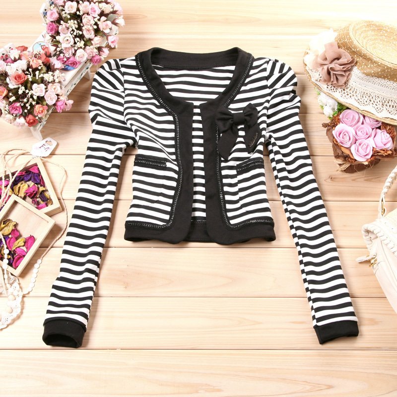 Women's long-sleeve black-and-white stripe sweater cardigan outerwear o-neck short design ol elegant