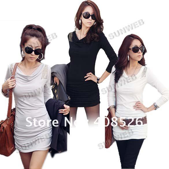 Women's Long Sleeve Dress Clinging tight fitting Ruffle Rivet Should Sexy Slim Tight Graceful Sheer Mini 3443