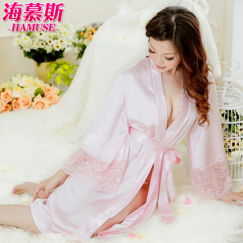 Women's long-sleeve faux silk robe summer pink lace temptation bathrobe sexy sleepwear