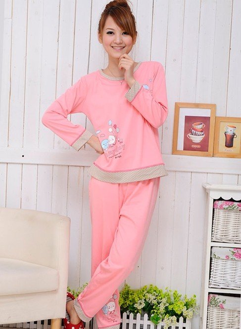 Women's Long sleeve & Long pants cotton pajama set / 100% Cotton Lady night wear/home wear