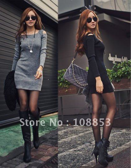 Women' s Long Sleeve Sexy Cotton Casual Off Shoulder Dress Black Gray Free Shipping CMC-0094