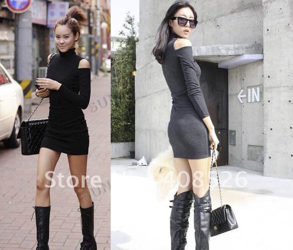 Women's Long Sleeve Sexy Cotton Casual Off Shoulder Dress M ,L Black Dark Gray 3545