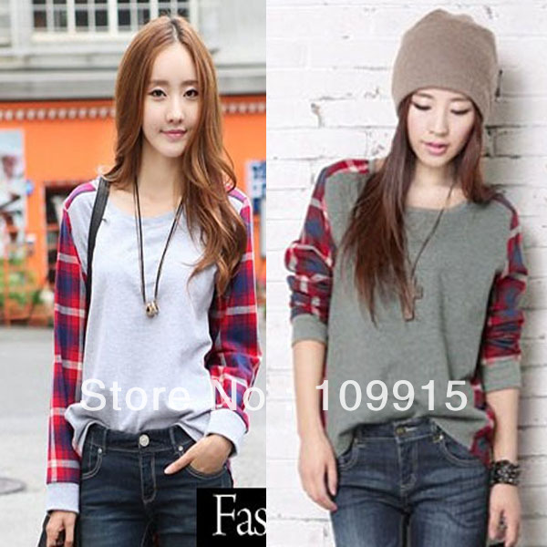 Women's Long Sleeve Shirt Irregular Round Neck Loose Lattice Blouse Tops T-Shirt 2012HR434