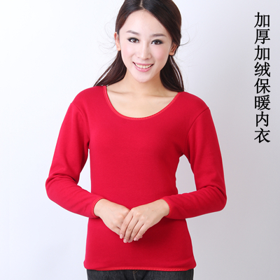 Women's long-sleeve thermal underwear female plus velvet thickening thermal top black o-neck solid color cotton