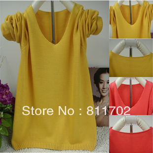 Women's long sleeve V neck knit unlined upper garment loose hedge ,Free delivery