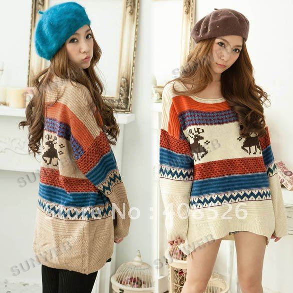 Women's Loose Cardigan Sweaters Jumpers Top Deer Pattern Pullover Knitwear 4 colors free shipping 7563