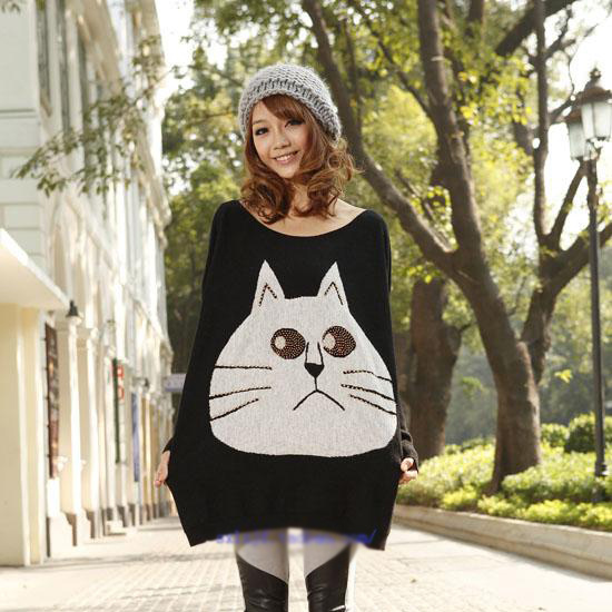 women's loose knitted sweater, diamond-ironing cat, fashion bat shirt, large size for fat lady, free shipping, W406