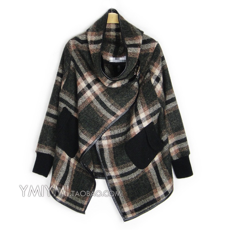 Women's loose plus size long-sleeve woolen stand collar plaid cloak trench outerwear