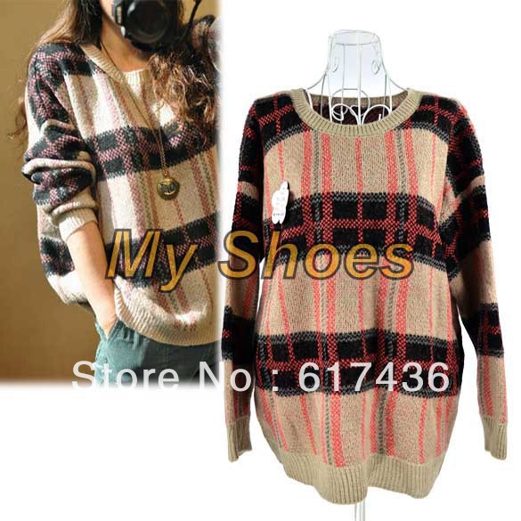 Women's Loose Retro Plaid Thick Knitting Sweater Long Sleeve Cardigan Coat Free shipping 9173