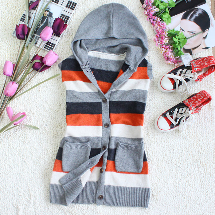 Women's loose with a hood wide stripe cardigan vest z139-83