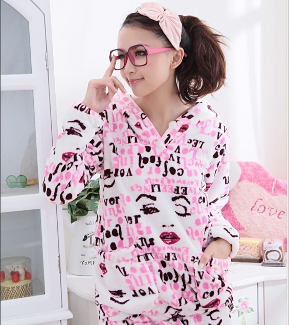 Women's lounge cartoon letter long-sleeve thickening coral fleece with a hood sleep set