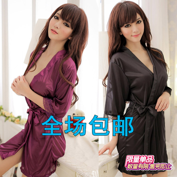 Women's lounge set sexy robe temptation underwear satin sleepwear bow perspectivity nightgown limited edition