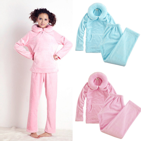 Women's lounge sleep set satin coral fleece neck plain set Women