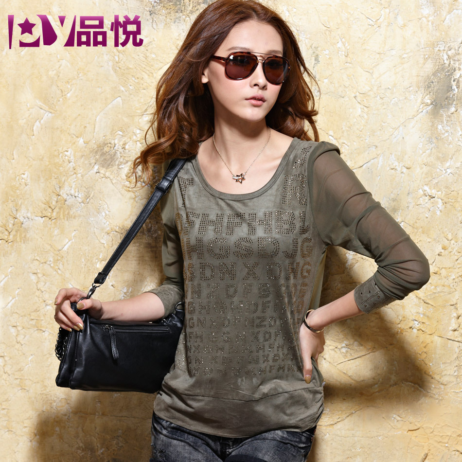 Women's low collar faux leather velvet gauze loose long-sleeve T-shirt 9267 basic shirt