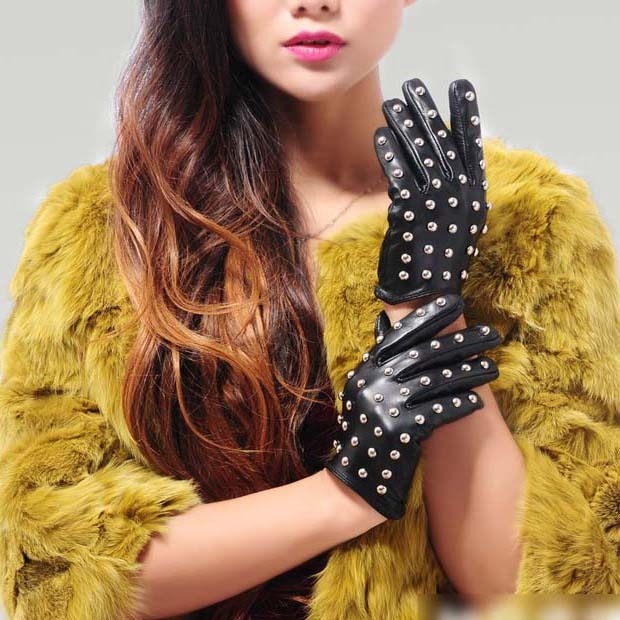 Women's mantianxing genuine leather gloves rivet gloves fashion gloves