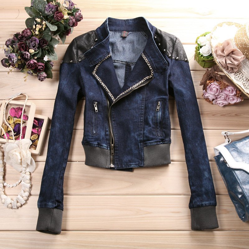 women's motorcycle stand collar oblique zipper jacket style denim short jacket denim coat top