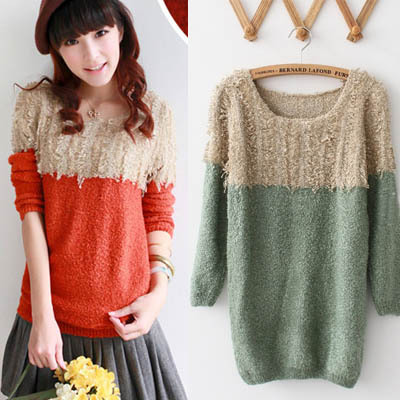 Women's new arrival plush color medium-long block decoration o-neck long-sleeve loose sweater outerwear clothes