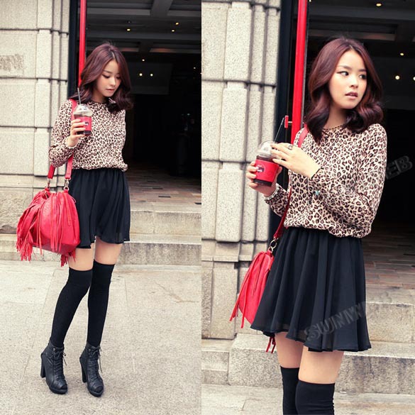 Women's New Fashion  long sleeve Leopard Patchwork Matching Pleated Skirt Chiffon Dress free shipping 9793