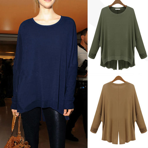 Women's New Fashion Loose Batwing Round Neck T-shirt Asymmetric Hem Top 3791