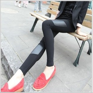 Women's New style Sexy Stitching Stretchy Faux Leather Back Tight Leggings Pant