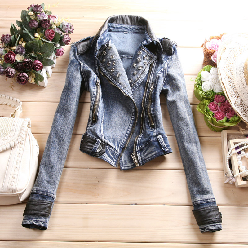 Women's oblique zipper tassel epaulette long-sleeve elastic denim outerwear top short jacket,women jeans coat  with bead diamon