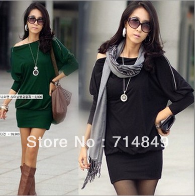 Women's Off-Shoulder Batwing Dolman long Sleeve Zip Loose Casual Party Mini Sexy Dress Top Free Shipping