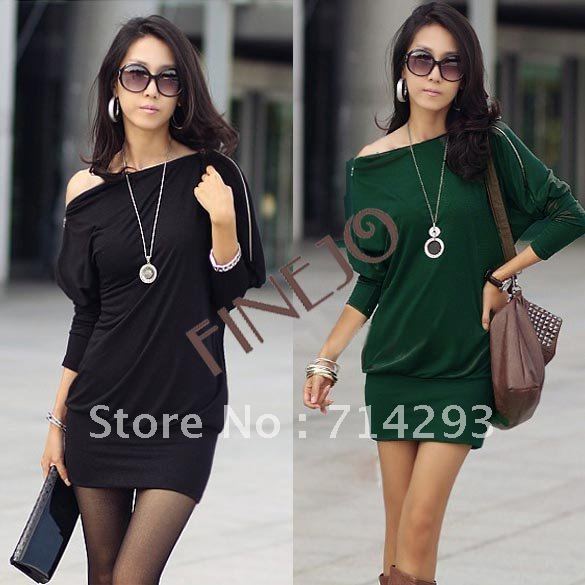 Women's Off-Shoulder Tops Shirt Zip Korea Batwing OL Long Sleeve Cotton Dress 2 Colors M,L,XL Free shipping 3492