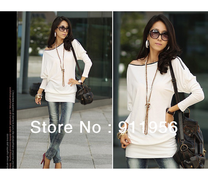 Women's Off-Shoulder Tops Shirt Zip Korea Batwing OL Long Sleeve DressFree shipping #117