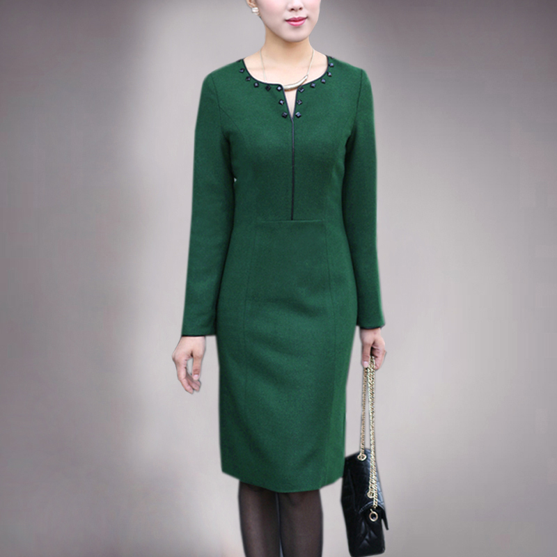 Women's OL outfit leather beading long-sleeve woolen dress plus size available