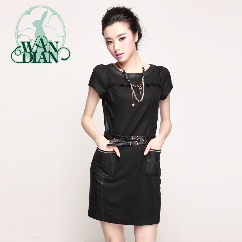 Women's OL outfit o-neck short-sleeve leather patchwork spring one-piece dress 1113321