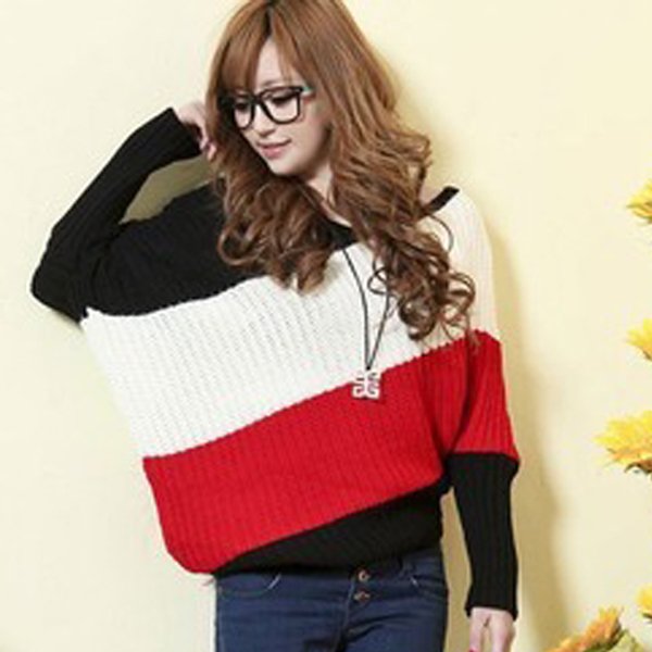 Women's Patchwork Red/Black Stripe Knits Irregular Slanting Baggy Shirt Sweater Outerwear HR419RB