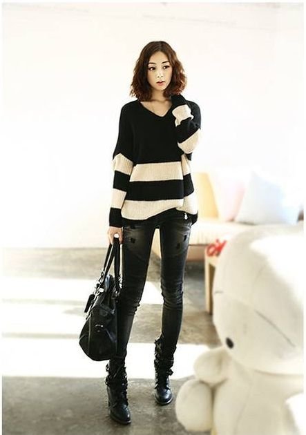 Women's Plus Size White Black Stripe Long Sleeve Pullover Sweater Knitwear Hoodies Jacket Free Shipping f6548