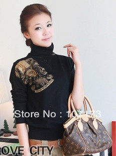 Women's Print Bads Mercerized Cotton Heap Turtleneck Sweater Lng-sleeve Knitted Sweater