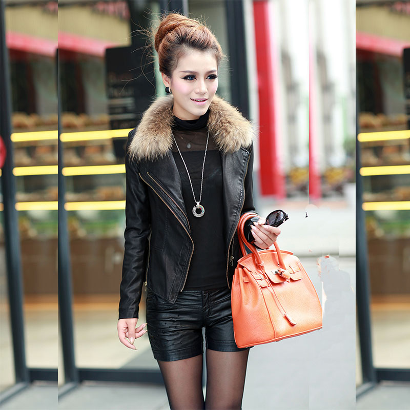 Women's PU clothing plus cotton Women short design fur collar slim coat motorcycle leather jacket