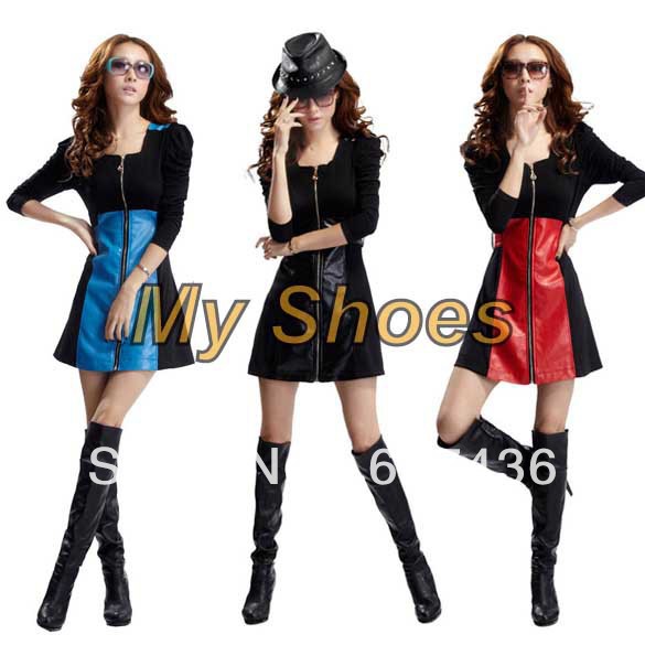 Women's PU leather zipper One-piece Long Sleeve Dress 3 Colors Free shipping 9057