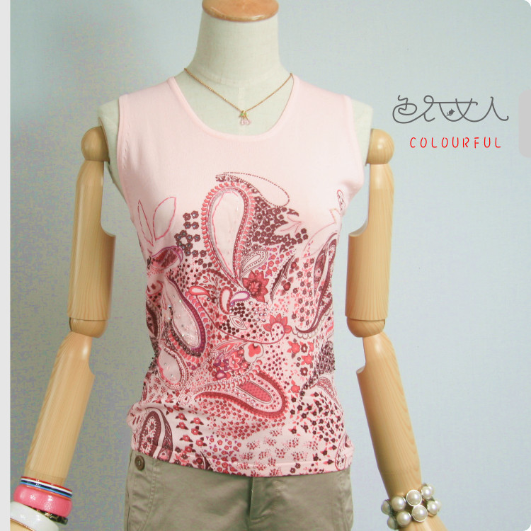 Women's quality print sleeveless handmade beading sweater vest basic shirt plus size available s010