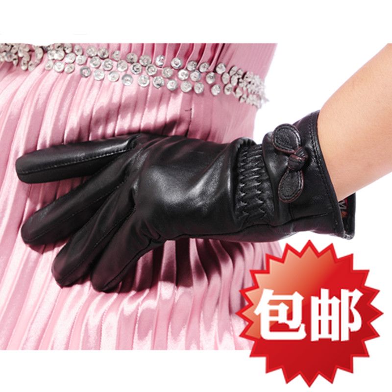 Women's rabbit ears bow genuine leather gloves female winter thermal sheepskin gloves black leather gloves