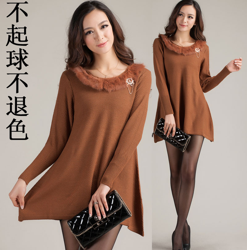 Women's rabbit fur low o-neck loose medium-long sweater free shipping